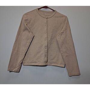 Muji womens small boxy tan longsleeve shirt cotton snap button minimalist